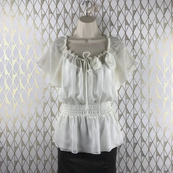 Flutter Sleeve Sheer Chic Cream Blouse Top - Picture 2 of 16